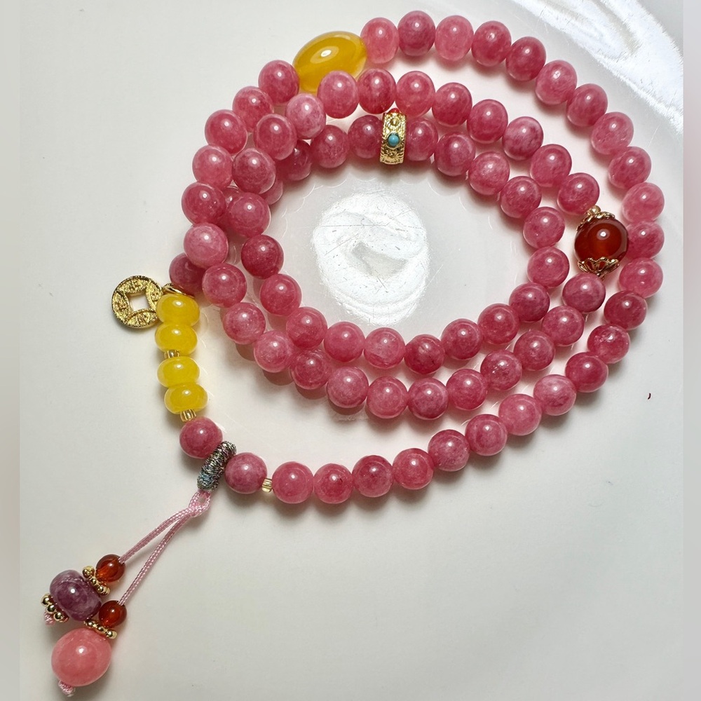Triple Red Chalcedony Pink & Yellow Beaded Bracelet 20 inch or Nacklace